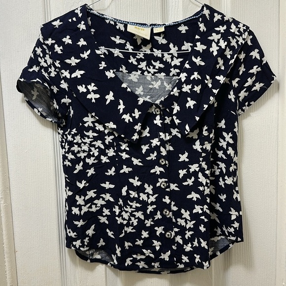 Anthropologie Tops - Maeve by Anthropologie Navy Blue Blouse with White Bird Print